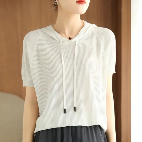 여성 아이스 쿨 후드 반팔니트 티셔츠 데일리룩 반소매 후드 니트티 니트반팔 반팔티셔츠