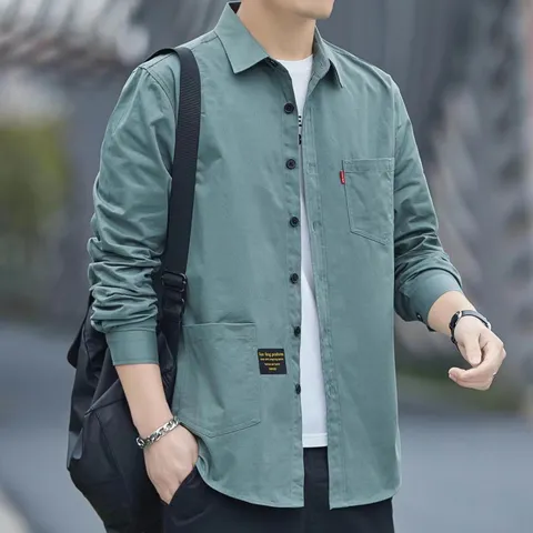 남자 실크 셔츠 구김없는 스판 남성 여름 긴팔 난방 차이나카라 스트라이프 정장 와이셔츠, M, 그린