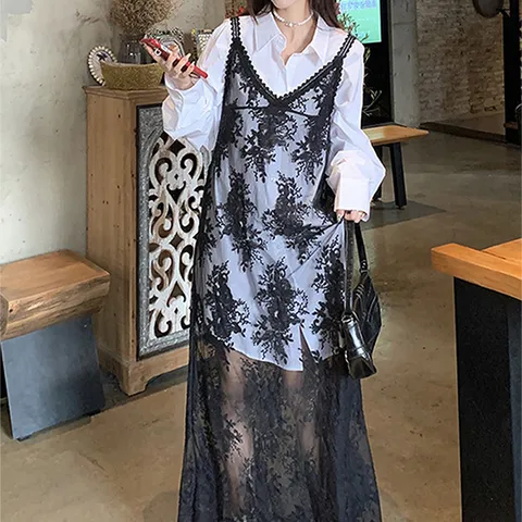 유니크 시스루 레이스 레이어드 븨스티에 롱 원피스