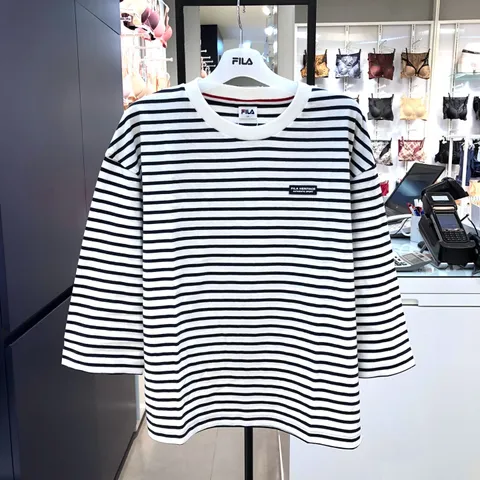 [휠라언더웨어] FILA 휠라 라이프웨어 스트라이프 여성 7부 티셔츠 (INA) 여자 7부 소매 루즈핏 면 티셔츠, 090, FI4RSG2641...