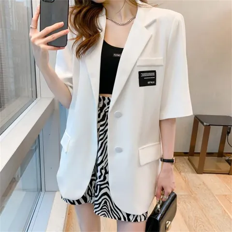 besteffie 반팔자켓 여성용 여름 빅사이즈 카라넥 버튼 정장 투버튼 반팔 자켓 루즈핏 반팔 자켓 E58, 화이트, L