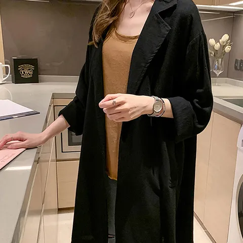 엣지유아 간절기 여름 린넨 로브 롱 린넨 자켓, 블랙, FREE