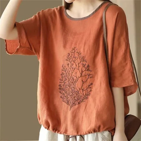 besteffie 여성린넨셔츠 중년여성 린넨 자수 여름 시원한 린넨 티셔츠 빅사이즈 E15, 카키, 4XL