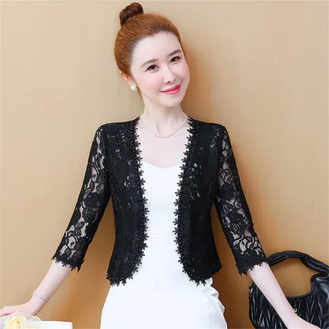 besteffie 여름가디건 여성용 뜨개 레이스 꽃자수 그물가디건 7부 레이스펀칭 오픈 가디건 E15, 블랙, S