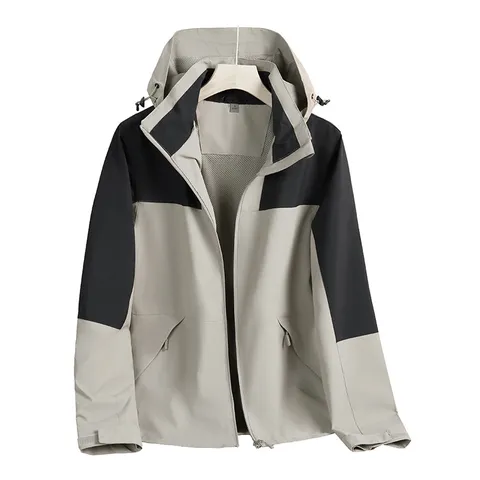 KQUWEIN 남녀공용 방수 방풍 등산점퍼 커플 단체 탈부착 트레이닝 등산복 빅사이즈 방풍, 쌀 회색 검정, L