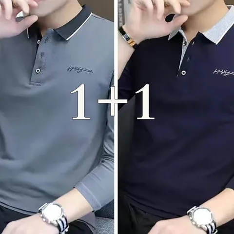 POMTOR 1+1 봄 가을 남성 셔츠 캐주얼 터틀넥 긴팔 티셔츠 세트