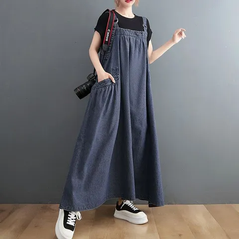 빈티지 데님 원피스 미디 청 멜빵바지 나시 슬림 롱 스커트, 2XL, 다크블루
