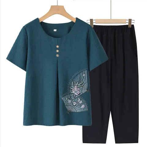 아리손 여성 여름 빅사이즈 중년 50대 60대 70대 반팔티+팬츠 투피스 세트 할머니옷 엄마옷 할머니 실내복 상하의세트 반팔티 밴딩, 5XL(72.5-8..., 네이비