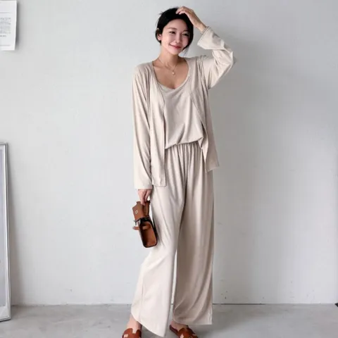 [나시+가디건+밴딩 와이드팬츠 세트] 후들 나시가디건 3피스세트, free, 베이지