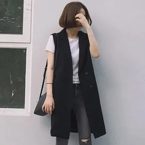 POMTOR 여름 정장 작업 조끼 빅사이즈 민소매 여성 조끼 베스트, 블랙, XL