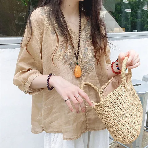 린넨 여성 반팔티 여름 반팔 셔츠 블라우스 빅사이즈 라운드셔츠 자수 레이스 면마 5부 티셔츠/빅사이즈 D99U