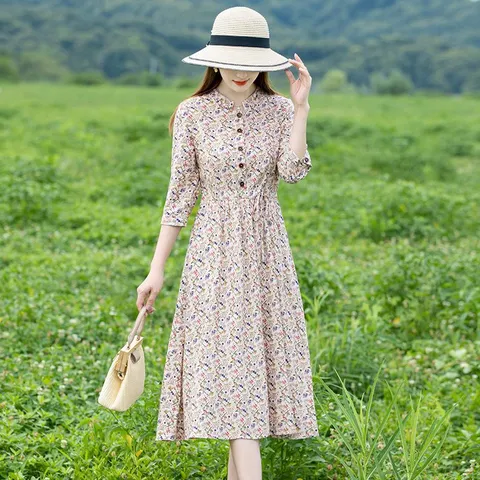 여성 봄 가을 원피스 패션 캐주얼 칠부 소매 린넨 플라워 치마 루즈핏 슬림핏 고급 면마 원피스 빅사이즈 WMY, 베이지, XL