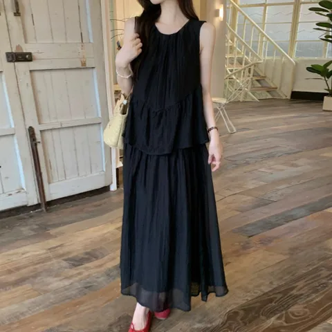 타니즈 스위피 텐셀 민소매 블라우스 셋업 여름 여성 롱원피스, 블랙, FREE