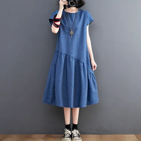 여성 빅사이즈 여름 텐셀 반팔 라운드넥 데님 원피스 프릴 청 원피스, 데님 블루, M 적당한 47.5...