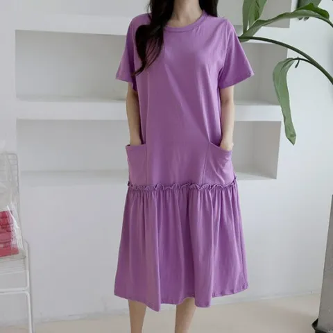 나니까 여자 반팔원피스 프릴 레이스 롱원피스 보라색, 스카이블루