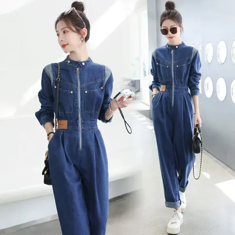 FANSYLI 여성 봄가을 지퍼 데님 점프슈트 카고 점프수트 루즈핏 캐주얼 멋스러운 와이드 점프수트 W7J05, S, 블루