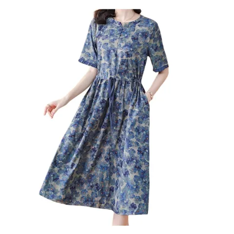 Ogfaour인견원피스 50대원피스 빅사이즈 고급 새틴 중년 엄마옷 주름 미디 여름 반팔 라운드, XL, 블루, 블루, XL