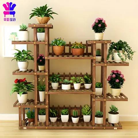 Euphiora 다층 화분받침대 원목 화분선반 다용도 화분정리대 베란다 다육이선반 거실 화분거치대 화분진열대 대형 화분다이 125*25*113CM, M 자형, 125*25*113...