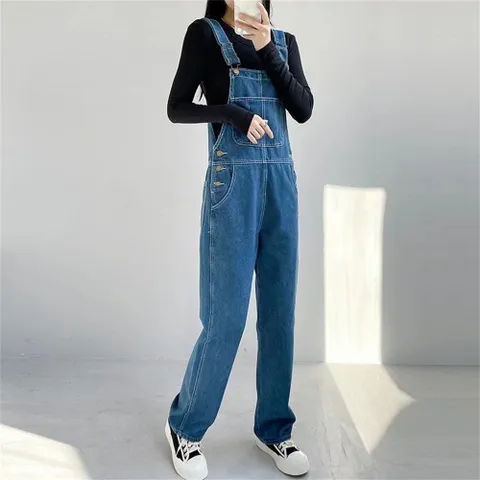 besteffie 데님멜빵바지 여성용 멜빵팬츠 데님 와이드 청 멜빵바지 빅사이즈 멜빵 E55, S, 블루