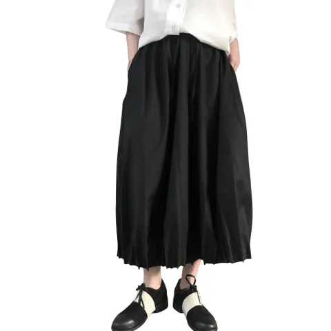 ROYALBELLE 여성 럭서리한 캐주얼룩 플리츠 와이드 팬츠 디자인 패션 루즈핏 치마 바지 V30627, 블랙, L