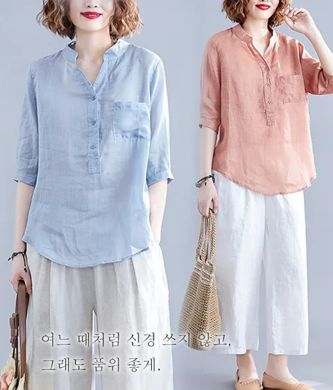 린넨 셔츠 여성 린넨 반팔티 여성 패션 반팔티 여성 캐주얼 반팔티, 오렌지, 3XL【70-80k...