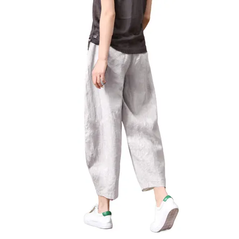 여름 여성 9부 면 마 린넨바지 빅사이즈 캐주얼 와이드 팬츠 Women's pants, M, 그레이