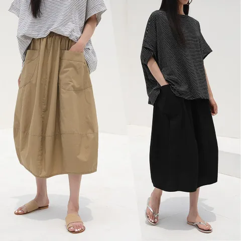 하늘바라기 여성용 항아리 볼륨 롱 스커트, 블랙