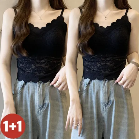 besteffie 1+1 캡나시 여성 레이스 브라캡나시 여자 나시 여름나시 탱크탑 나시탑 2p 세트 E58, L, 블랙+블랙