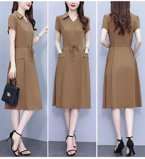 여성 원피스 날씬해 보이는 여성 원피스 여름 A라인 스커트 허리 조이는 미디 반팔 배 가림 원피스, 레드, M(45-50kg)