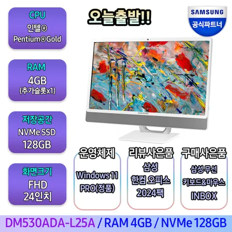 삼성 일체형PC 올인원PC DM530ADA-L25A (인텔 펜티엄 7505 60.5cm WIN11 PRO RAM 4GB SSD 128GB), Windows 11..., 기본 NVMe128..., 기본 RAM4GB