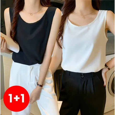 1+1스타일아유 2종세트 시폰 나시 여성 라운드 이너 민소매 탑 티셔츠 TO0130, 화이트+블랙, FREE