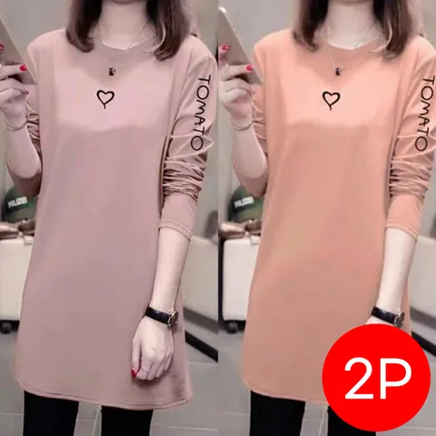 봄 가을 여성 티셔츠 라운드 하트 프린팅 루즈핏 롱티 긴팔티 빅사이즈 캐주얼 상의 2p 세트 A88, 5XL, 01세트