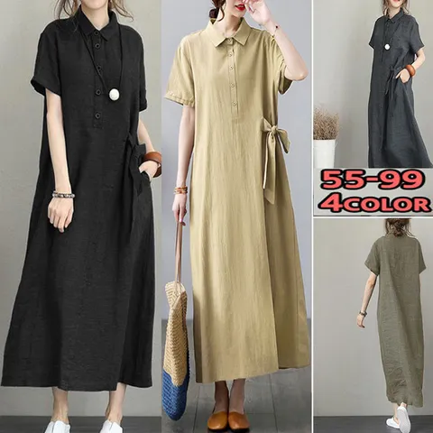 사자마트 제작. 판매. 빅사이즈(55~99) 린넨 반팔 롱~~~원피스, 베이지, L(55~66)