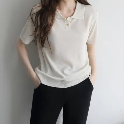 제니트 여성용 바유 원버튼 카라넥 단추 반팔 니트, 오트밀, FREE