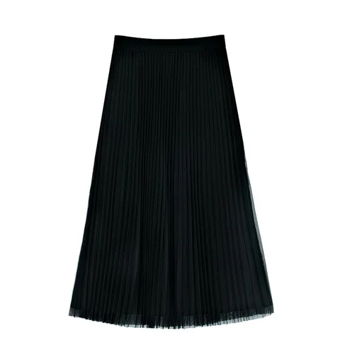 POMTOR 여성 가을 겨울 미디엄 플리츠 A라인 스커트