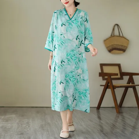 60대 원피스 중년 여름 7부소매 모시 브이넥 롱 대나무 프린팅 루즈핏 시프트 원피스, 01. M, 01. 그린