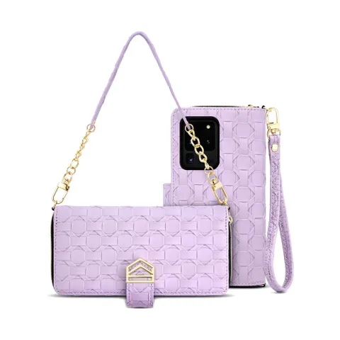 아모하 갤럭시 A34 5G A346 전용 Glory 고급 레더 격자 패턴 지퍼 지갑형 다이어리 핸드폰 케이스 + 스트랩 2개 재공, 라벤더 퍼플, 갤럭시A34 (A3...