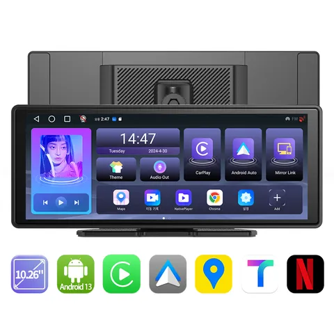 10.26인치 네비게이션 카플레이 안드로이드 오토 모니터 무선 차량 내비게이션 블루투스 블랙박스 후방카메라, E20 6m Rea...