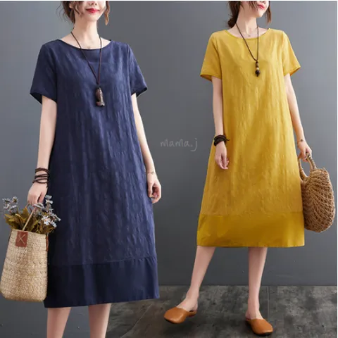 중년여성옷 50대 엄마옷 마담 빅사이즈 여름 자카드 플라워 반팔 면 원피스, 옐로우, XL (77~88)