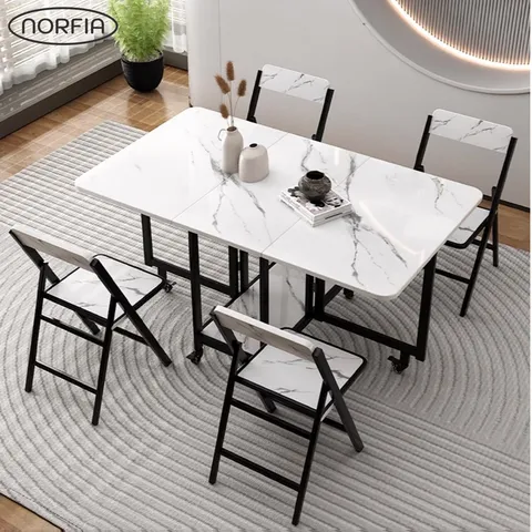 노르피아 공간활용 접이식 식탁 의자 폴딩 확장형 윙드 테이블 세트 거실 이동식 4인용 6인용, 대리석, 150cm, 4인용