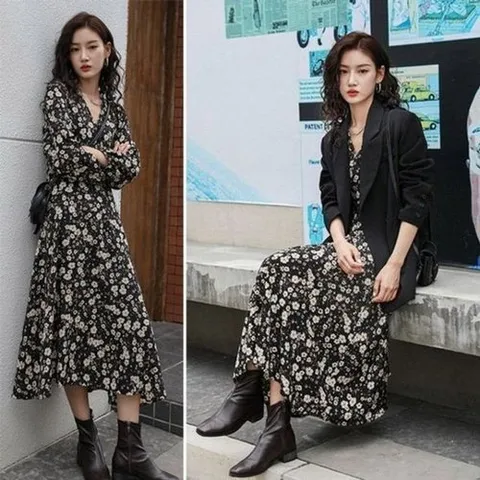 [모노무드] 모노무드 은플레이스 허리끈 롱 가을 나시원피스 미니원피스 플라워 프릴원