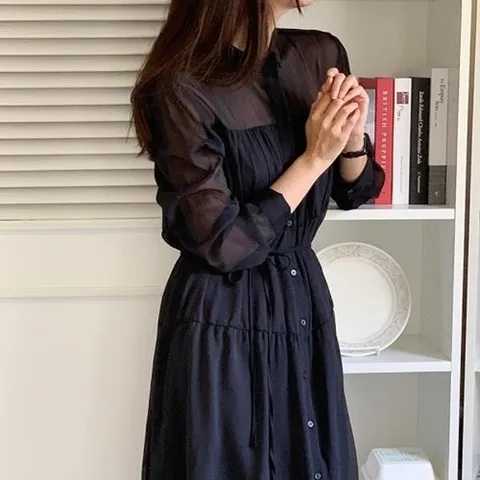 [신상오픈런] KDO4171드쉬헨 주름디테일 시폰 끈 여성 긴원피스 시스루18154631597559