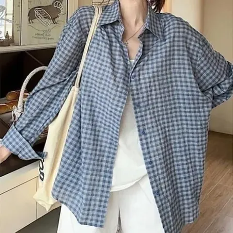 여성 빈티지 체크 루즈 셔츠