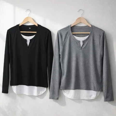 여성 레이어드 트임넥 골지 티셔츠 긴팔 배색 기본 데일리티