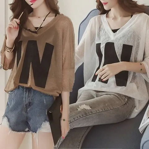 여성티셔츠 여름 나시 반팔 시스루 티 셔츠 세트 (WFJC316)