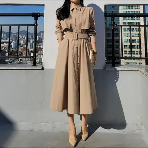 트렌치 벨티드 플레어 롱 원피스 자켓 코디 룩