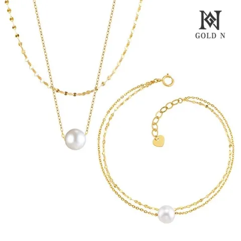 [골드앤] 14K 엘루아 담수진주 두줄체인 목걸이+팔찌 세트