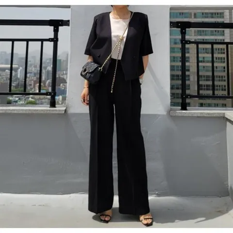 린넨 노카라 자켓 뒷밴딩 와이드 슬랙스 세트 셋업 룩