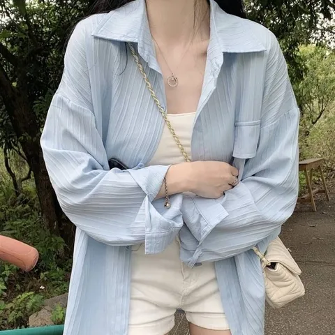 쿨링 블루 화이트 흰색 쿨티 긴발 블라우스 가