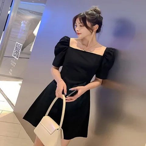 카라원피스 여성 소매 퍼프 오프숄더 블랙 원피스 미니 (WFJHMU6)